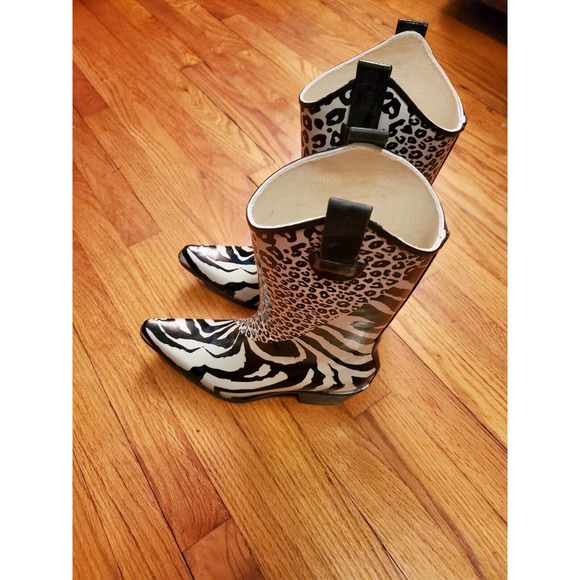 Nature Breeze Women's Zebra Print Pattern Rubber Rain Boots - Black White 9 - Picture 1 of 5